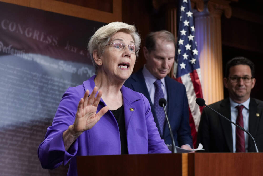Sen. Elizabeth Warren, D-Mass., joined at right by Sen. Ron Wyden, D-Ore., and Sen. Brian Schatz, D-Hawaii, criticizes efforts by President Trump, Elon Musk, and Republicans in Congress to compromise the Social Security program, in Washington, D.C. Tuesday, April 1, 2025. (J. Scott Applewhite/AP)
